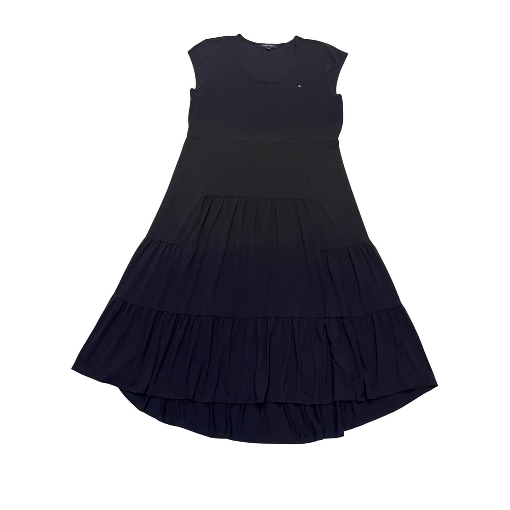 Tommy Hilfiger Navy Blue Tiered High Low Jersey Knit Cap Sleeve Maxi Dress XL